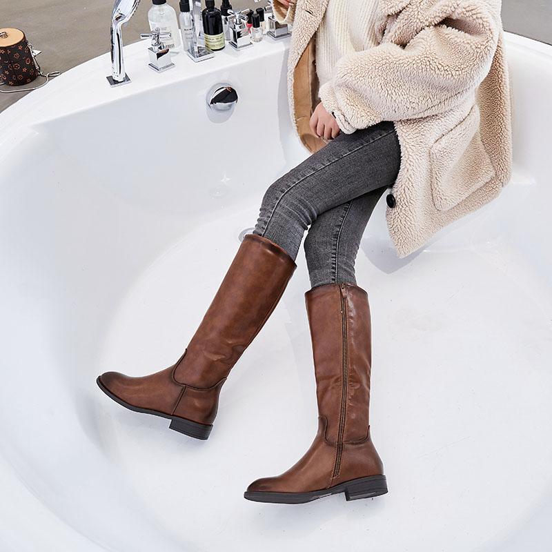 

FVFV]INS HOT Women knee-high boots natural Leather shoes 22-25 cm length Spring and autumn PU leather back zipper long booties, Black