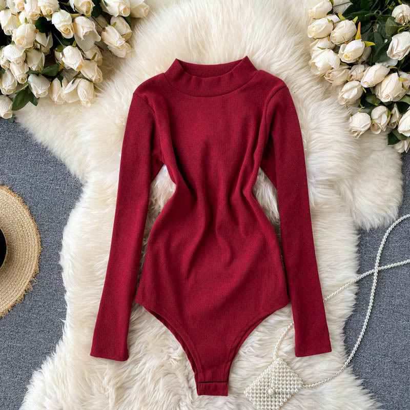 

2021 New Female thin elastic jumpsuit vintage neck long spring overalls fashion streetwear bodysuit RS9G, Red