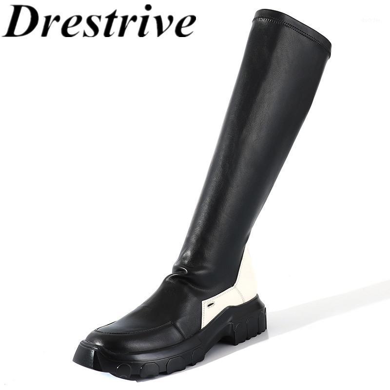 

Drestrive Women Knee High Boots Pu Leather Round Toe Flats Platform Patchwork Black 2021 Fashion Female Winter Shoes Non Slip1