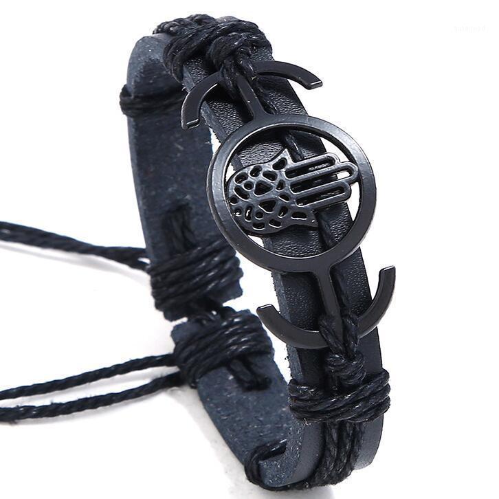 

Charm Bracelets Fashion Casual Punk Vintage Black Leather Bracelet Hamsa Hand Wax Cords Bangle Wristbands Retro Handmade Men Women Jewelry1