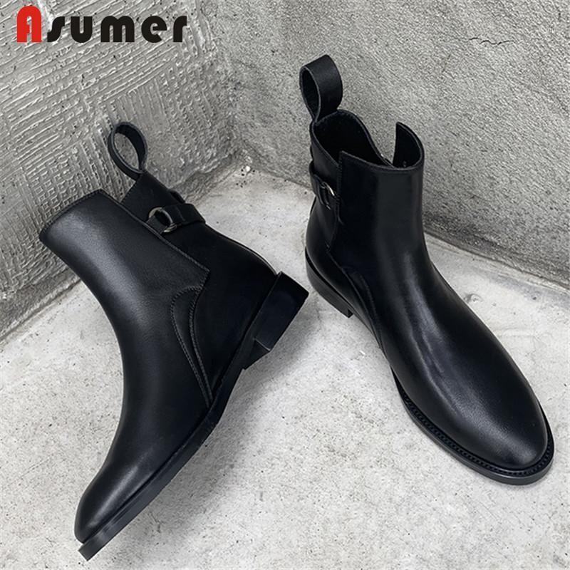 

ASUMER 2020 New genuine leather boots women square low heel simple autumn winter boots ladies short riding ankle1, Black cow leather