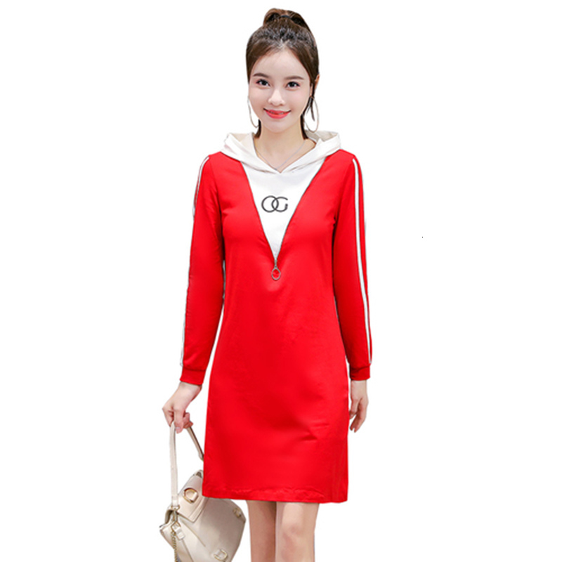 

2021 Women's Fake Two Female Es Spring Autumn New Loose Clothes Mid-length Plus Size 3xl Ladies Vestidos A194 Ll63, Red
