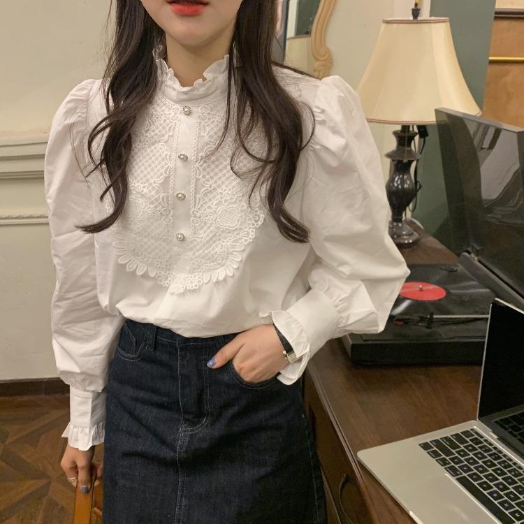 

Women's Blouses & Shirts Spring Autumn Retro Stand-up Collar Lace Crochet Pearl Button Loose Long-sleeved Chiffon Shirt O-Neck Korean Style, White