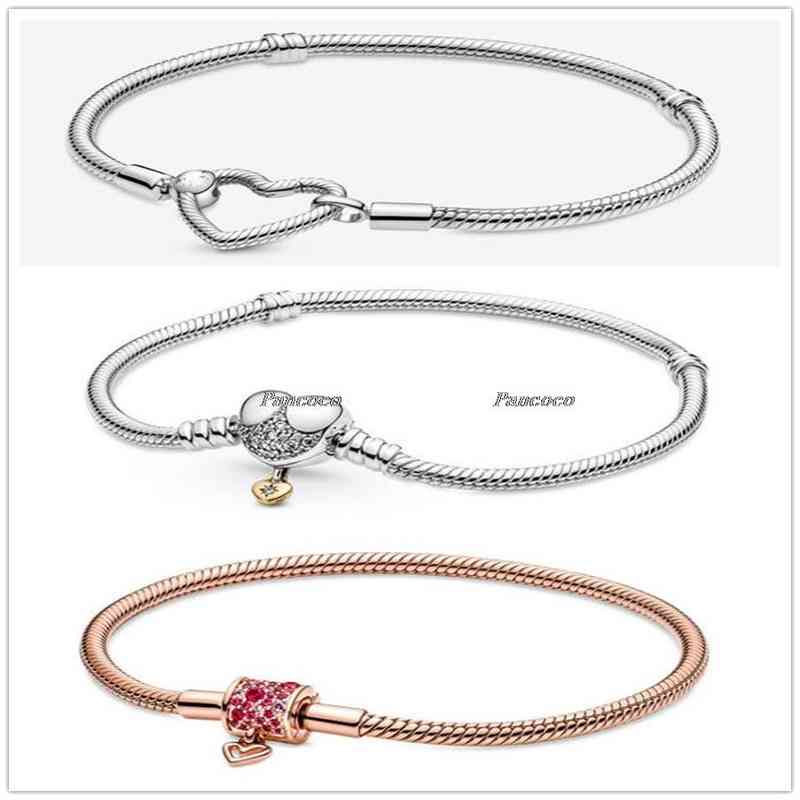

Authentic 925 Sterling Silver Moments Heart Closure Snake Chain Bracelet Fit Women Bead Charm Diy Pandora Jewelry