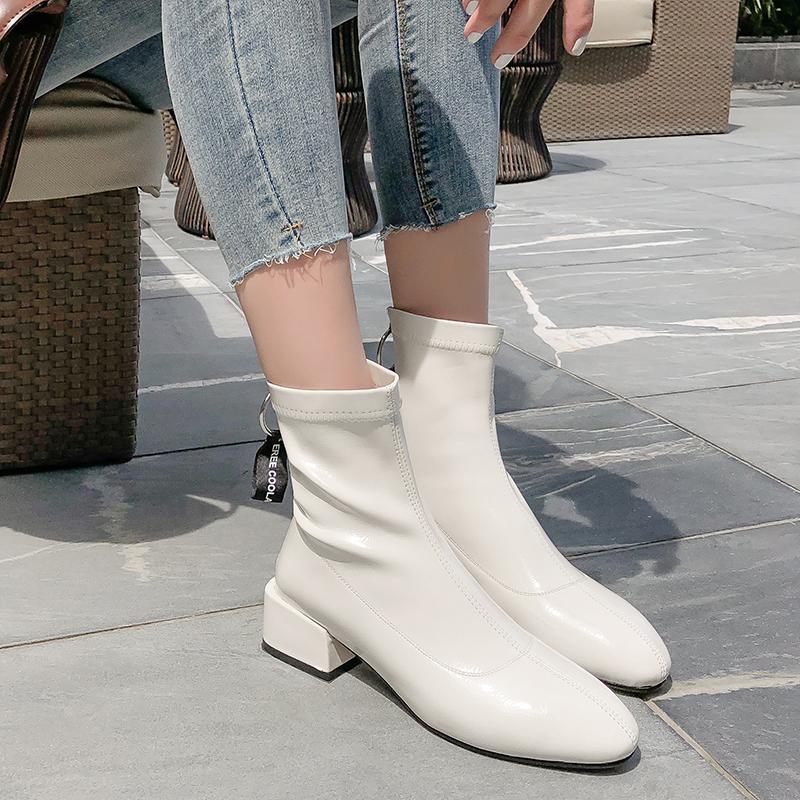 

ENMAYER Black Fashion Zipper Women Boots Soft Pu Leather Ankle Boots Comfortable Square Low Heel Ladies Shoes women, White plush lining