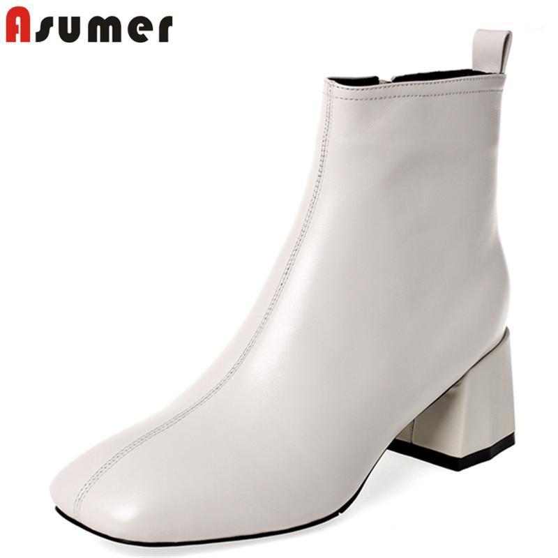 

ASUMER 2020 New full genuine leather boots women square toe zipper solid color autumn winter boots female short ankle1, Black not fur