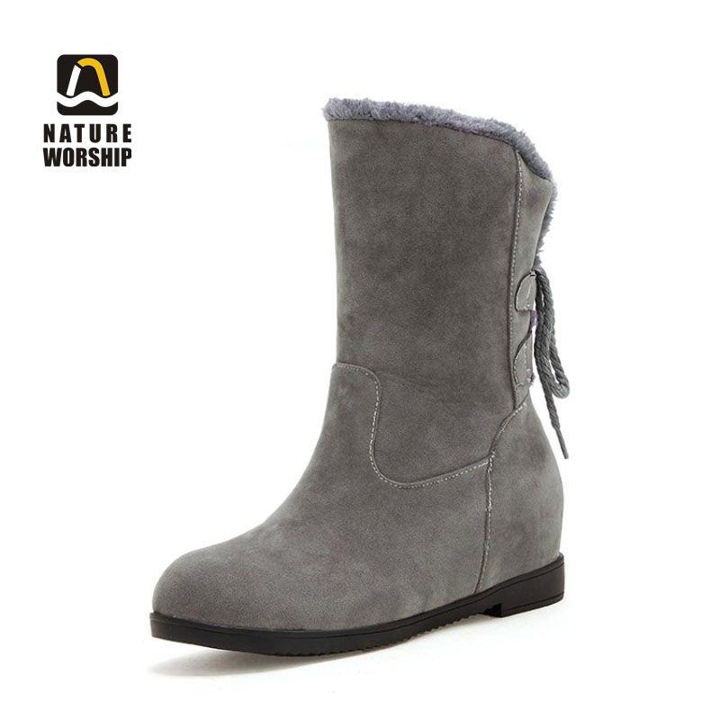

Winter Women Mid-calf Half Boots Shoes Flock Nubuck Solid Fashion Short Plush Insole Round Toe Lace-up Height Increasing, Black