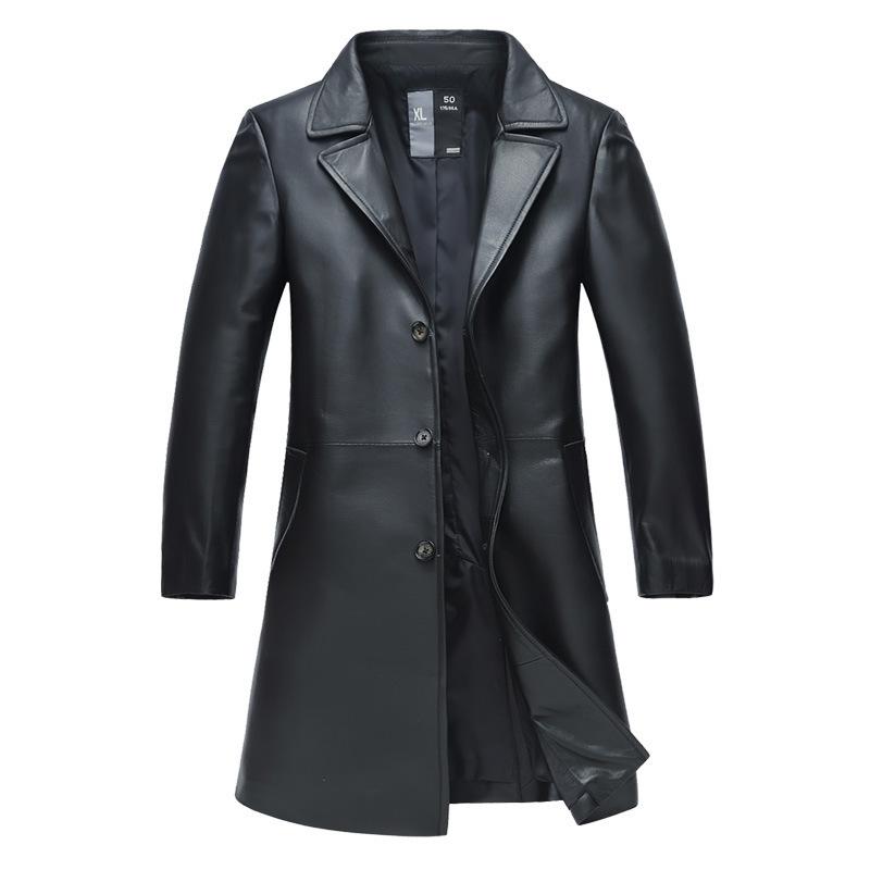 

New High Quality Men Sheepskin Leather Suit Collar Long Casual Coat Windbreaker Fashion Single Breasted Plus Size L-9XL10XL11XL, Balck
