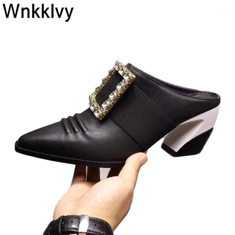 

2020 slippers new ladies pointed toe rhinestone buckled real leather high heel summer shoes slingback sandals runway pumps1, Black