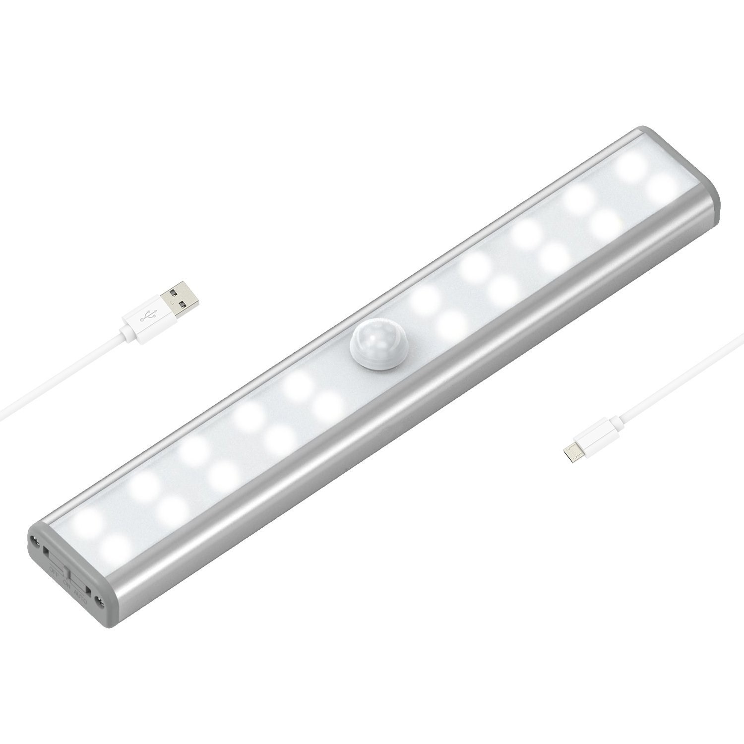 

USB Motion Sensor Closet Lights 20 LED Under-Cabinet USB Rechargeable Stick-on Stairs Step Light Bar LED Night Light with Magnetic Strip