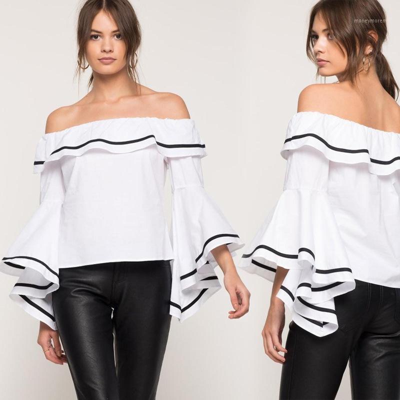 

Women Solid Slash Neck Shirts Sexy Exposed Shoulder Long-sleeved Butterfly Sleeves Blouse All-match White Shirt Spring Autumn1