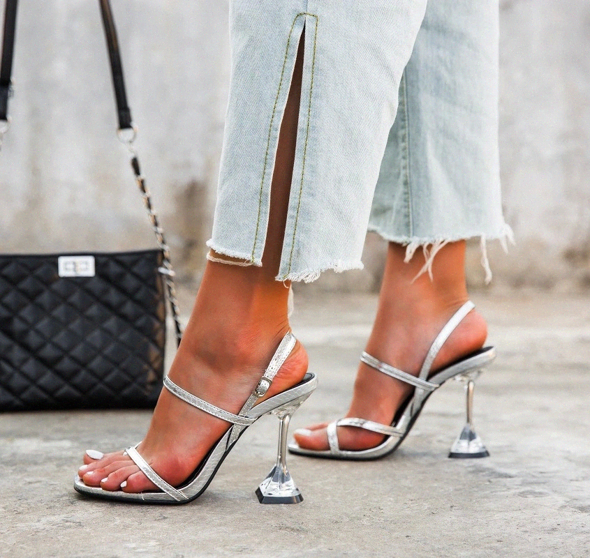 

NAUSK Silver Back Strap Sandals Transparent Heel Spike High Heels Crystal Slingbacks Women Wedding Pumps Sandals Zapatos Mujer #9p72