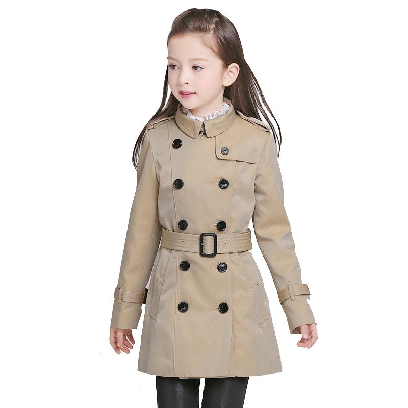 

BAYALI Girls Coat Brand Double Breasted Classic Khaki Outdoor Wear Kids Long with The Belt England Style High Quality