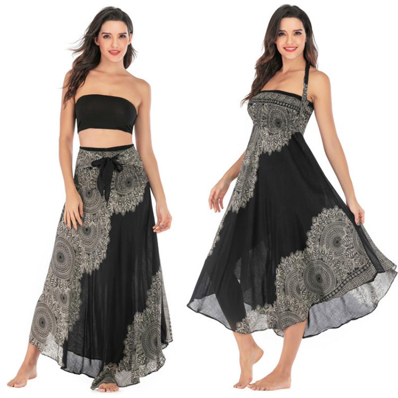 

women two-way swing skirt Summer Fashion Long Hippie Bohemian Gypsy Boho Flowers Elastic Waist Floral Hanging neck Skirt, S00302