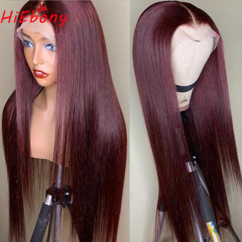 

HiEbony Preplucked Remy Human Hair Lace Front Wigs Burgundy Straight 180% density 13x6 Glueless Lace Frontal Wigs with baby hair, 13x6x1 t part wig