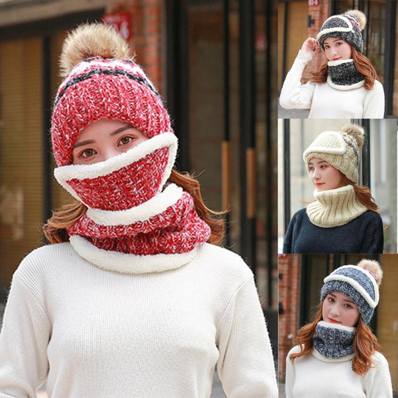 

2020 New Fashion Winter Hat Women Knitted Wool Scarf Hat Pompom Cap Set Warm + Scarf + Mask Bonnet Femme Hiver Gorro Mujer