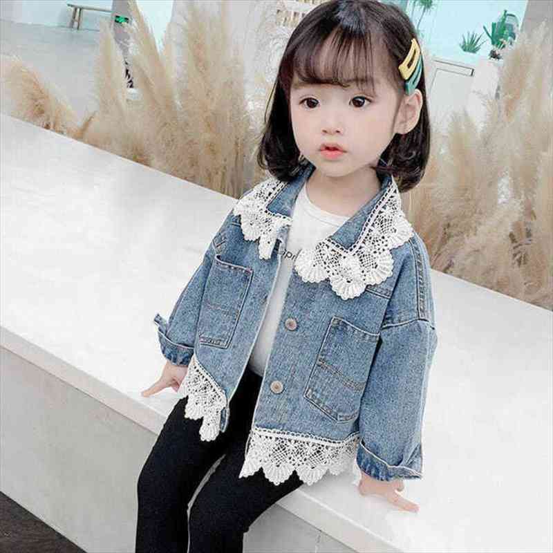 

girl lace lapels denim jacket suits for spring and autumn girls parka coat jackets kids clothes childrens coats, Blue;gray