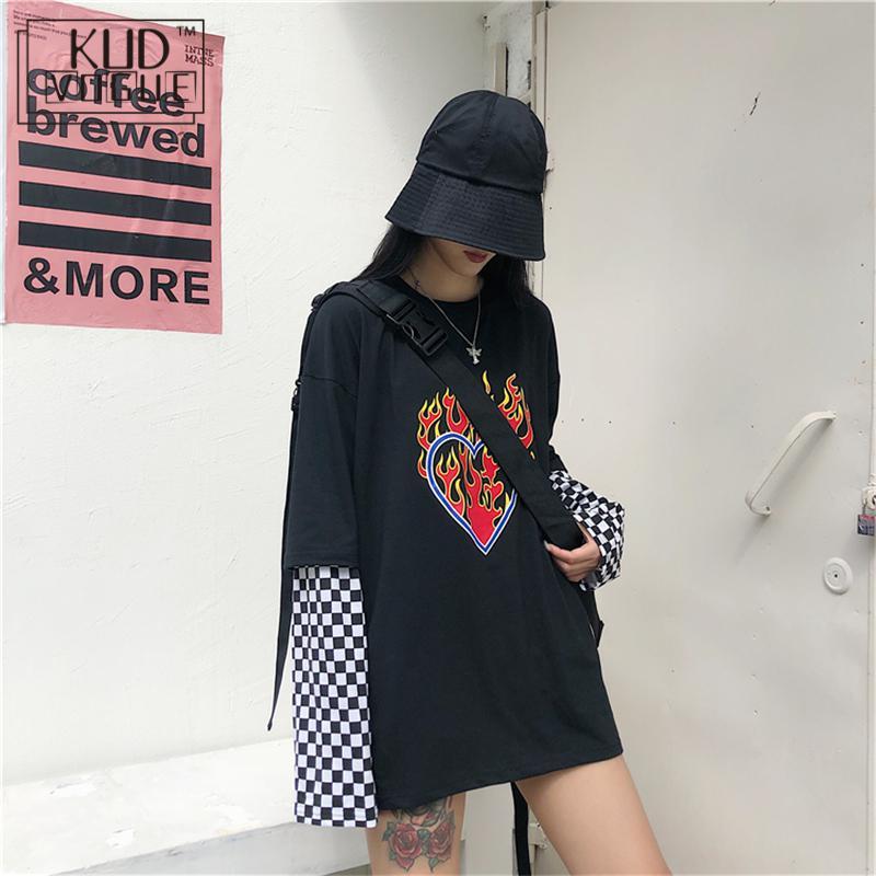 

Autumn Goth Checkerboard Long Sleeve Patchwork Tops Women Black Loose Sweatshirt 2020 Casual Fashion Tops Plaid Pullover Women, As pic