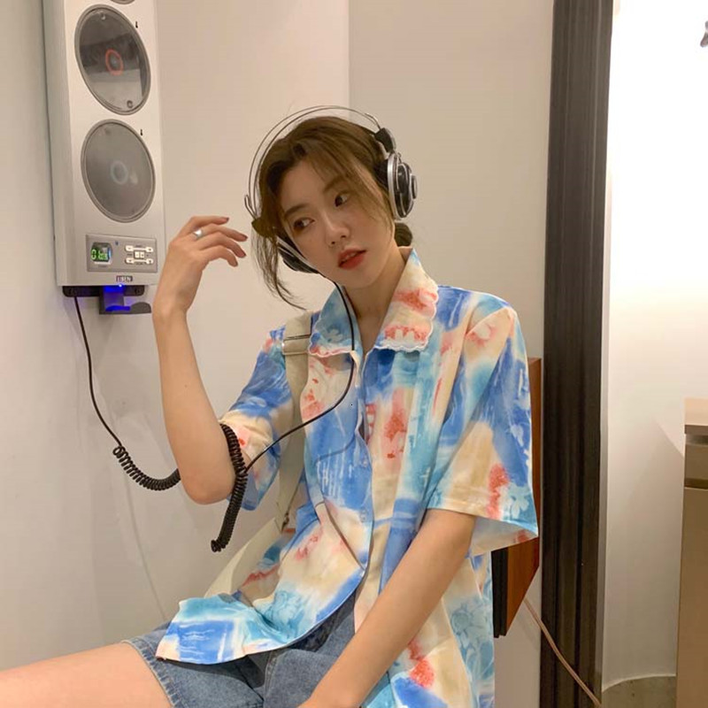 

2021 New Femme womens loose tops summer dyed Korean style print short sleeve women chiffon blouses (f3994) 687Q, Same pictures