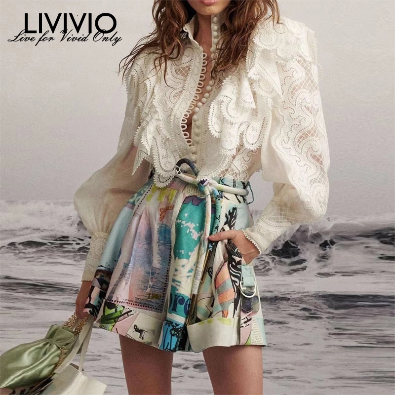 

[LIVIVIO] ZIM Embroidery Lace Ruffled Lantern Long Sleeve Stand Neck Single Breasted Shirts + Mini Skirt Women Two Piece Sets T200325, Shorts