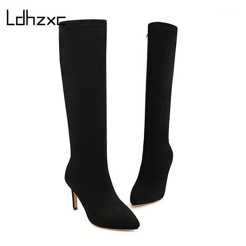 

LDHZXC Big Size 34-48 New Brand Women Boots Pointed Toe Stiletto High Heels Boots Sexy Knee High Women Nightclub Shoes1, Black