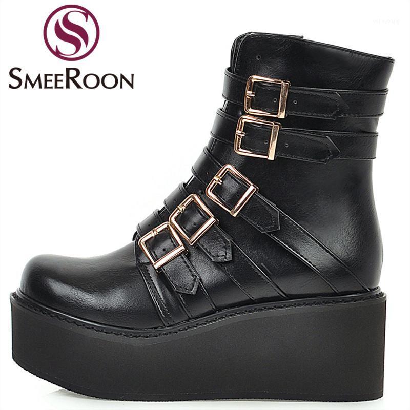 

Smeeroon Plus size 33-46 New platform boots round toe buckle casual shoes ankle boots for women autumn winter punk shoes1, Black