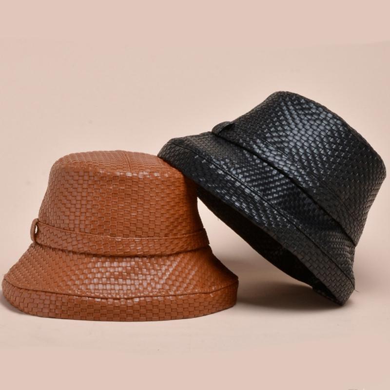 

Women Vintage Imitation Leather Bucket Hat Woven Plaid Solid Color Fisherman Cap 449F, Black