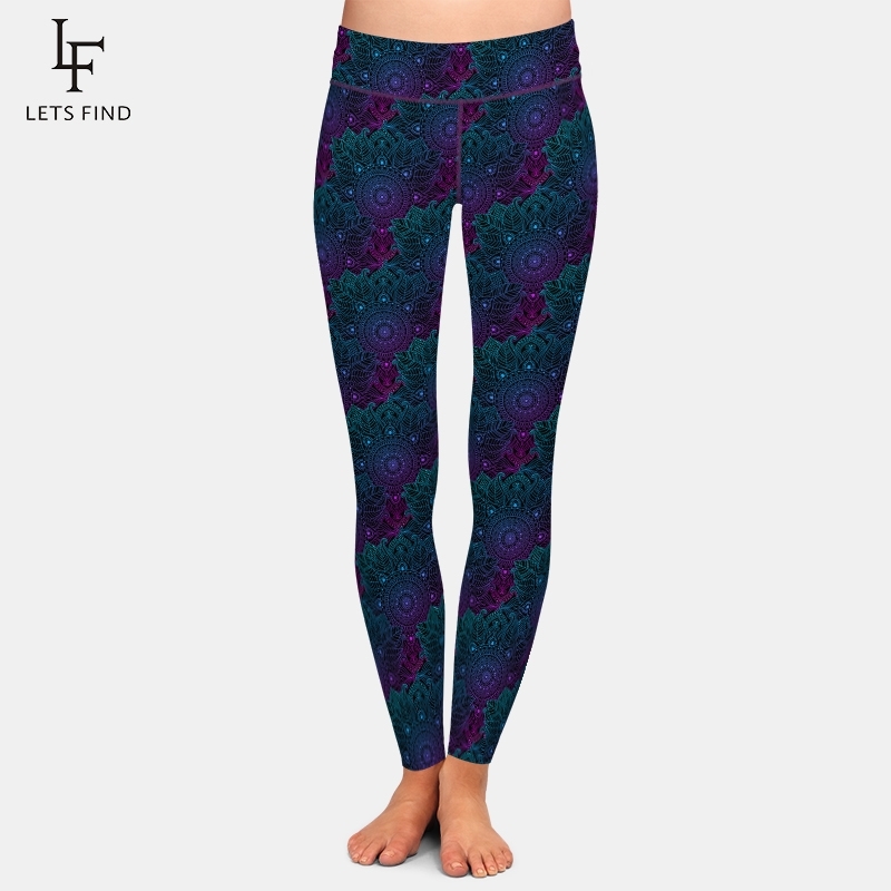 

LETSFIND Sexy Mandala Style Printing Women Leggings Fashion High Waist Plus Size Soft Polyester Stretch Pants 201203, Purple