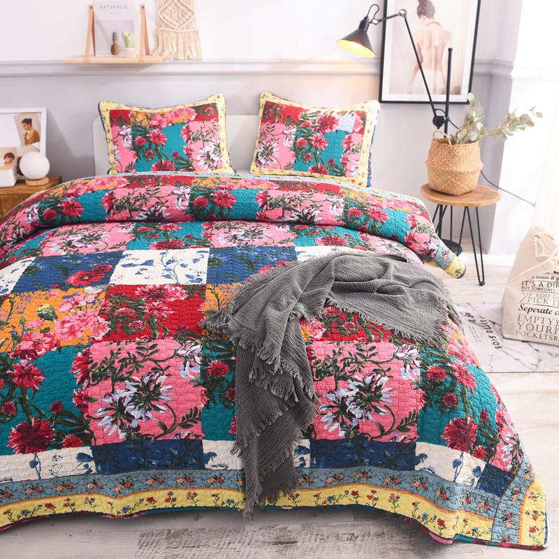 

American Flowers Printed Quilt Set 3PCS Bedspread Quilted Cotton Quilts Blanket Bed Covers Shams  Queen Size Coverlets, Multi