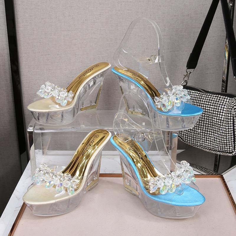 

New PVC Transparent Platform Wedge Heel Women Sandal 10CM Ankle Straps Buckle Crystal High Heels Sexy Catwalk Pole Dance Pumps, Blue