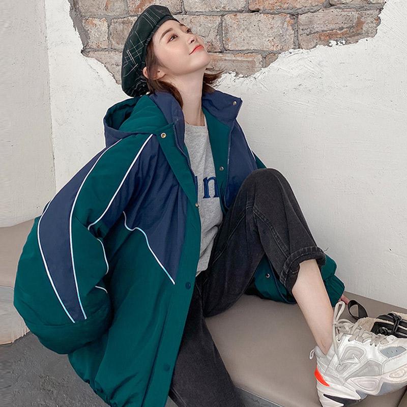 

BF Style Loose Patchwork Color Women Hooded Wadded Jacket Drop Shoulder Sleeve Female Jackets 2020 Winter Casual Ladies Coats, Beige