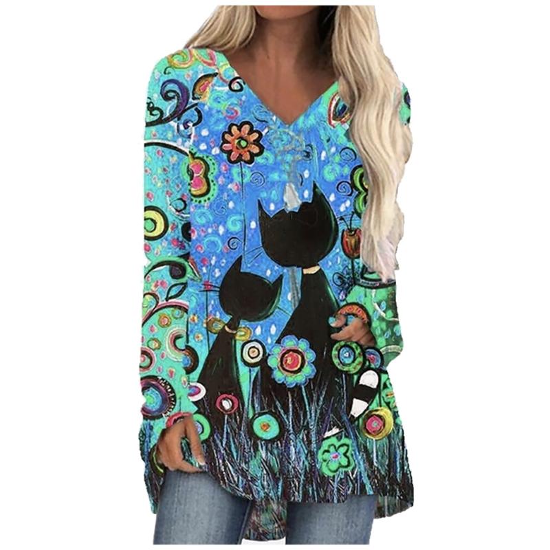 

Cat Print V Neck Women T Shirt Plus Size Fashion Casual Long Sleeve T Shirt Vrouw T-shirts Loose Female Pullover Tops Camiseta, White