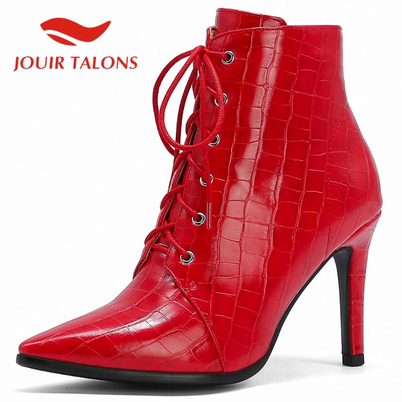 

JOUIR TALONS High Quality On Sale Shoes Woman Ladies Pointed Toe Cross-tied Stone Pattern Thin Heels Short Plush Ankle Boots, Brown add fur