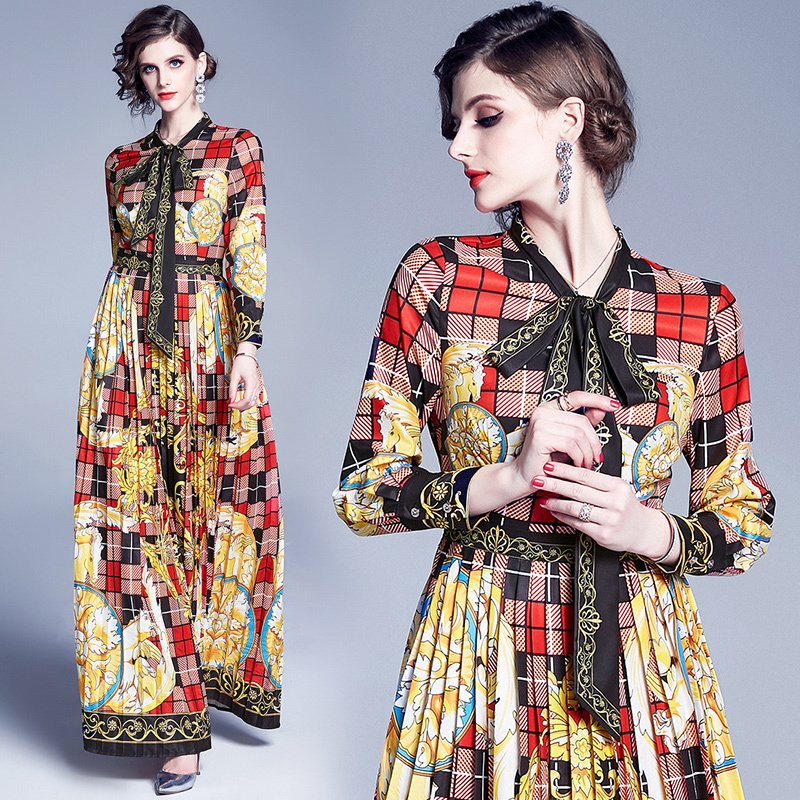 

2021 New Women Vintage Style Flower Plaid Maxi Spring Autumn Bow Collar Wrist Sleeve Slim Retro Fashion Long Es E3lx, As picture