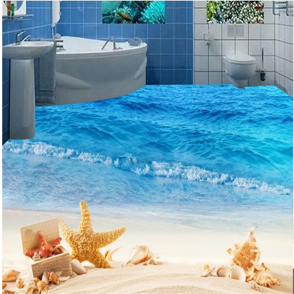 

Beautiful seaside beach style floors living room 3D floor painting pvc floor wallpaper, Blue