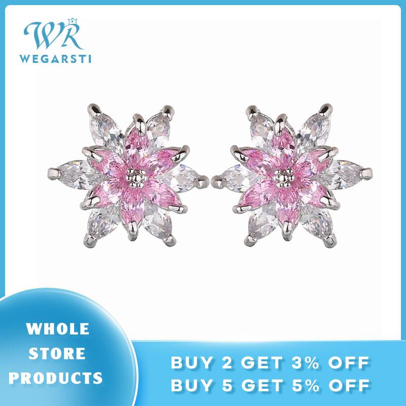 

WEGARSTI New Full Paved Lovely Oriental Cherry Stud Earrings For Women Genuine 925 Sterling Silver Pink CZ Fine Brincos