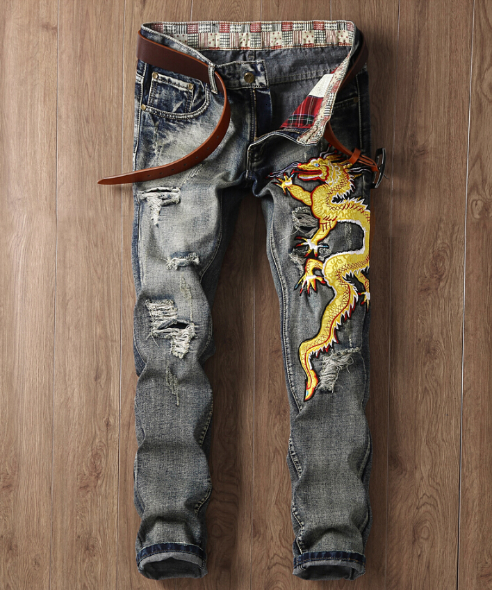 

Spring and Fall Into the European Autumn of Breem Designed From Dragon Men's Embroidery Fine Pants Straight to Grey Hole 7g95, Blue