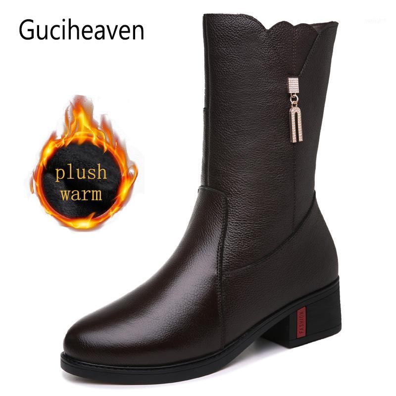 

New thick heel leather winter boots Mid Calf for women Round head splice Side zipper solid color boots Short Plush Warm shoes1, Black9717