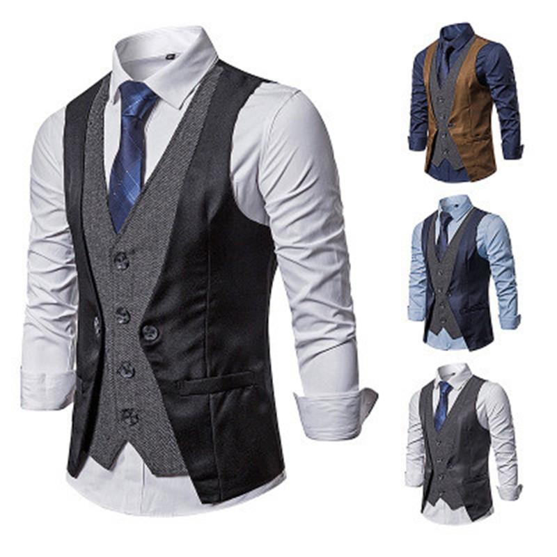 

Plus size men smart casual suit vest mens Sleeveless fake two pieces suit vest coat patchwork color Single-breasted Tops, Black