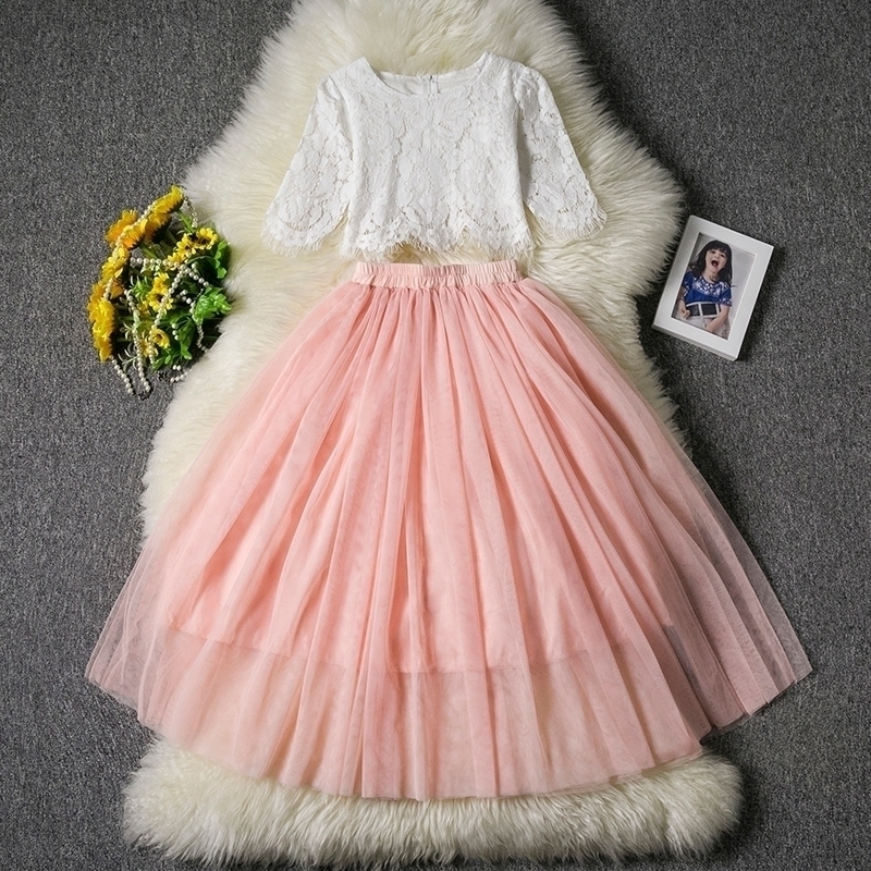 

Summer Pink Dress Girl Ceremony Child Clothing Set Half Sleeve Lace Top+Champagne Princess Long Dress Kids Wedding Party Clothes Y200325, 02 pink