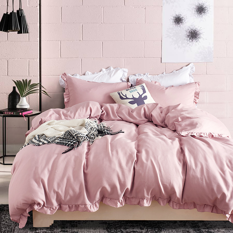 

Pastoral style simple solid color Bedding extra large Three-piece set of sanding thickening home textile bedding Ruffled edge, Dark gray