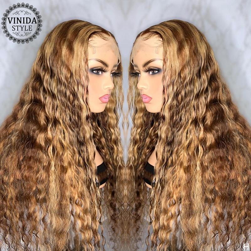 

VINIDA STYLE Highlight Curly 13×6 Lace Front Human Hair Wigs Scalp Top Closure Wigs With Baby Hair 150% Density Non-Remy, Natural color t part
