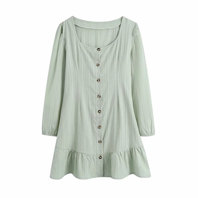 

New Green Jacquard Mini Women 2021 Spring French Square Neck Long Sleeve Dress Woman Cottagecore Casual Dresses I8xp