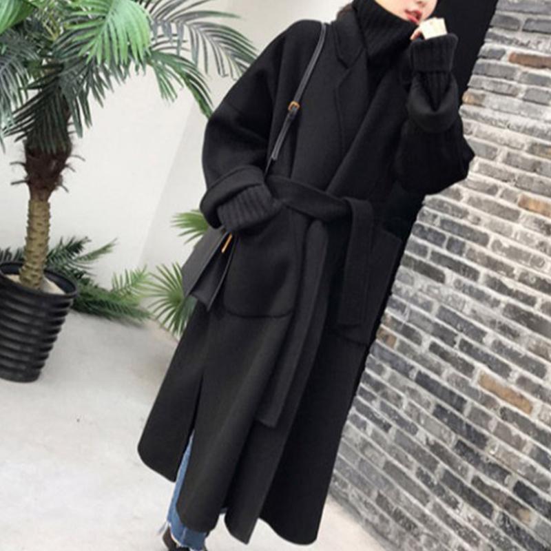 

2020 Fashion New Winter Women' Elegant Wool Blended Large Pocket Coat Simple Fashion Style Long Coat Retro Warm Wool, Black