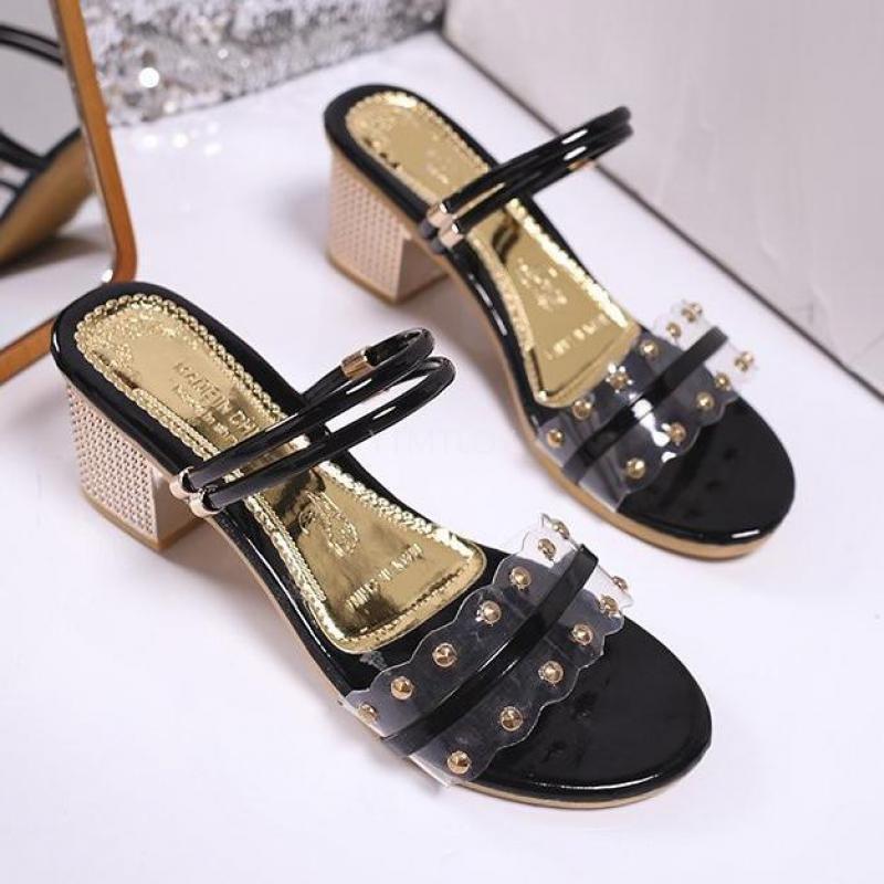 

Transparent High Heels Women Slippers Summer Shoes Simple Style Clear Bling Square Heels Zapatillas Mujer Casa Beach, Black