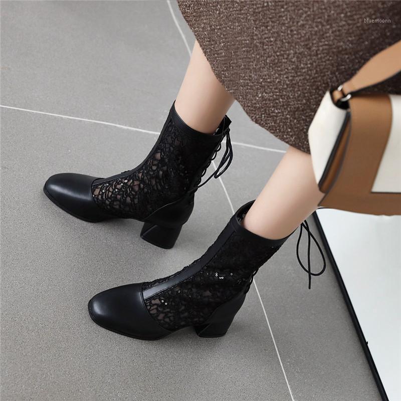 

YMECHIC 2020 Fashion Sexy Lace Mesh Back Cross Strap Lace Up High Hoof Heel White Black Summer Womens Ankle Boots Female Shoes1