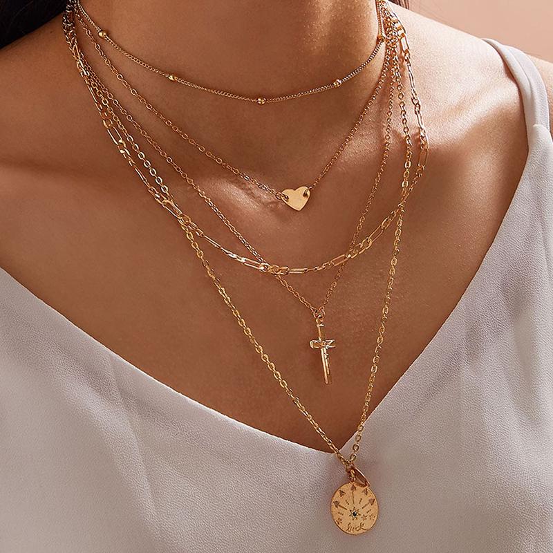 

Tocona Charming Cross Pendant Necklace 2021 Trendy Heart Geometric Gold Color Metal Alloy Bohemian Jewelry for Women 10051