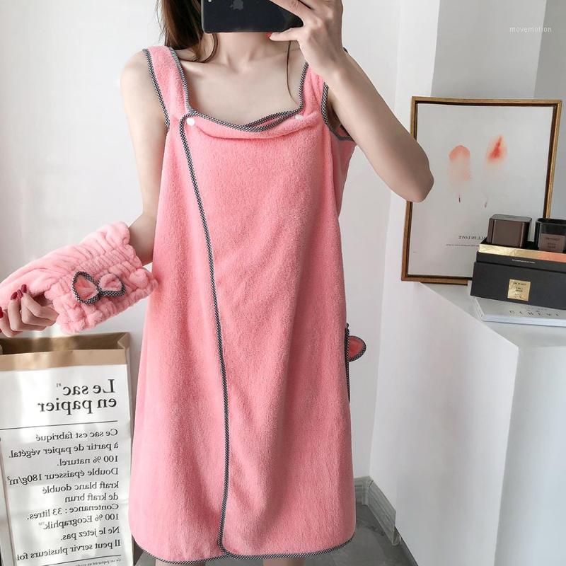 

Thicken ladies tube top strap magic bath towel coral fleece  can wear adult beach towel shower cap set1, Pink