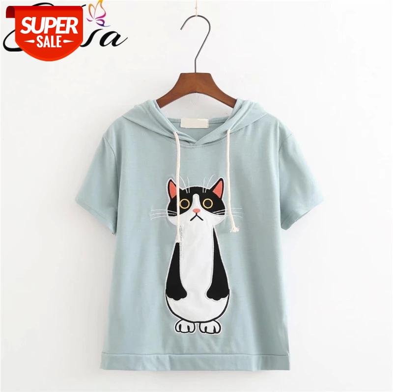 

H.SA 2018 Women Summer T-shirt Tops Hooded Appliques Cat Pure Cotton TShirt Spring Summer Shirts Befree Patchwork Cropped Tops #Jf9b, White