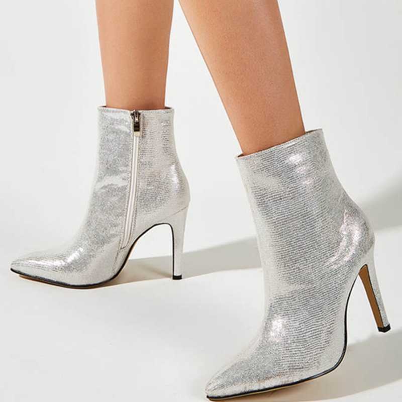 

Western Style Boots Women Winter Bling Sliver Pointed Toe Side Zip Ankle Boots Ladies Sexy High Heel Shoes Party Dress Fashion, Silver